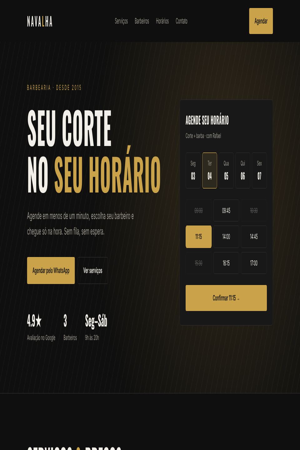 Página inicial do site Barbearia Navalha
