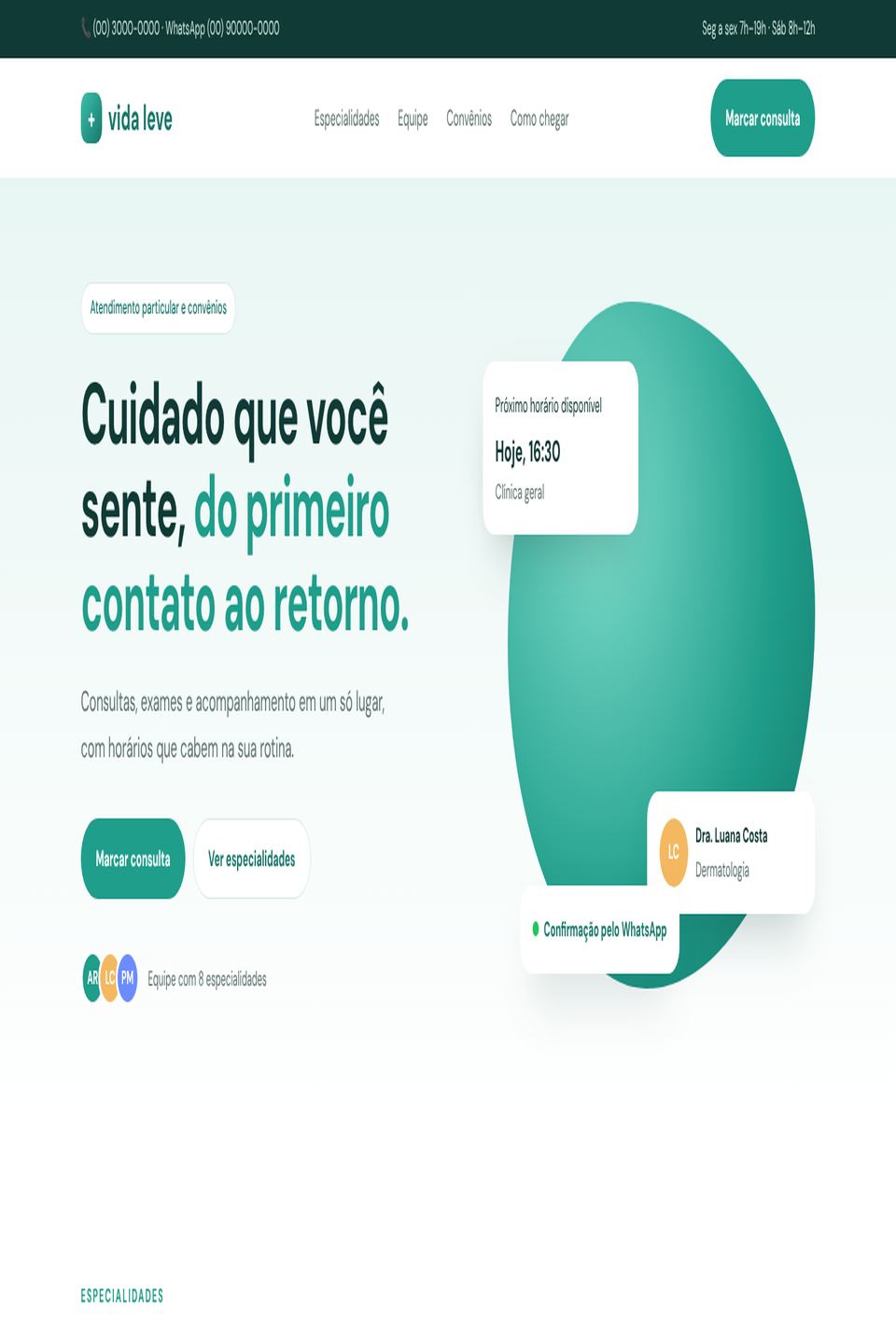 Página inicial do site Clínica Vida Leve