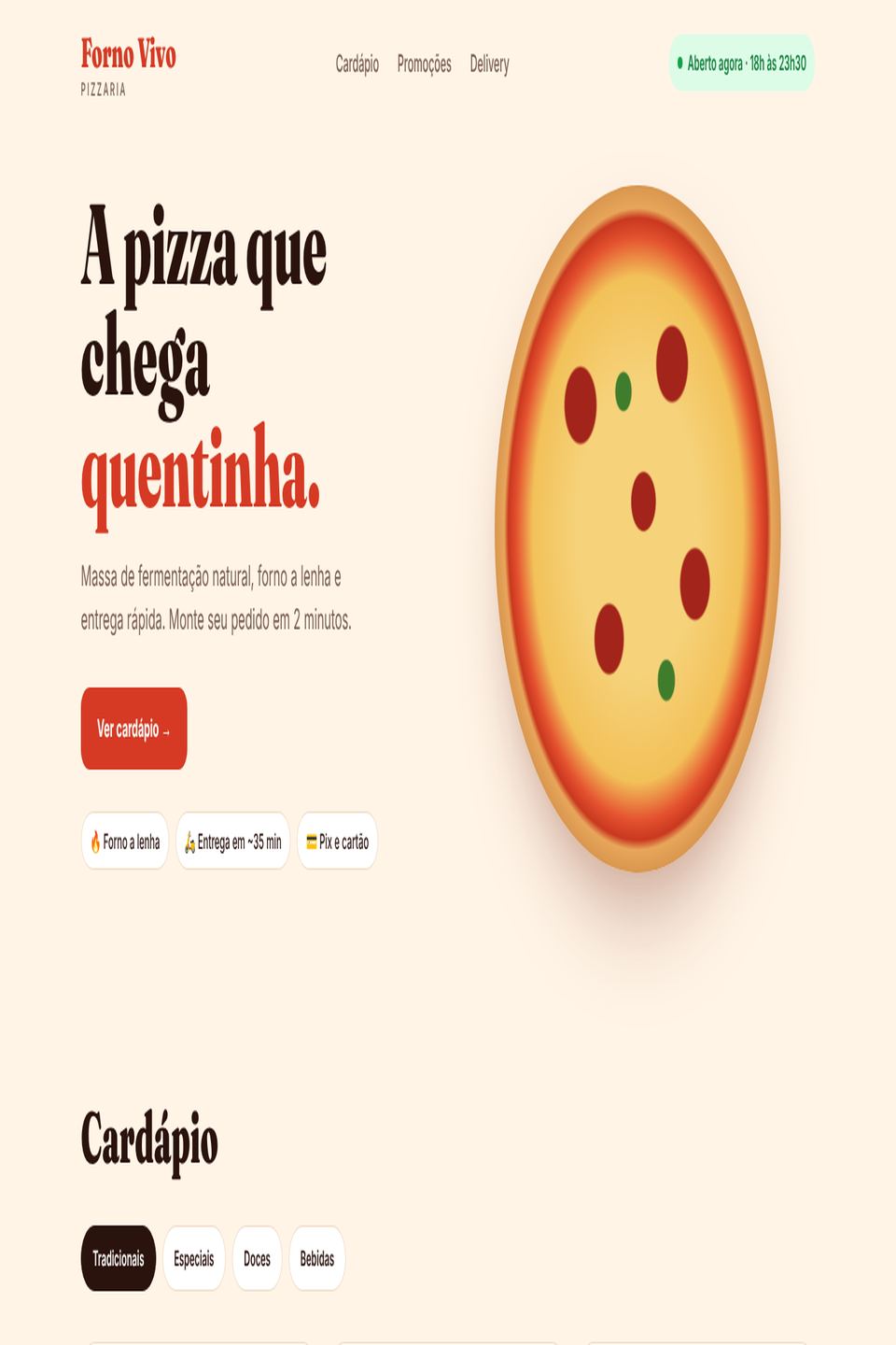 Página inicial do site Forno Vivo Pizzaria